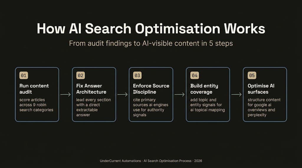 Best AI search agency Australia five-step workflow showing Robin Search audit to AI-visible content
