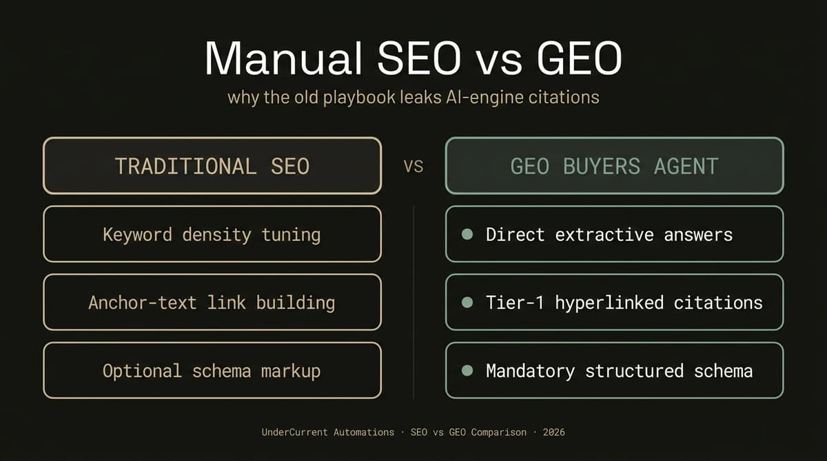 Manual SEO versus GEO for buyers agents