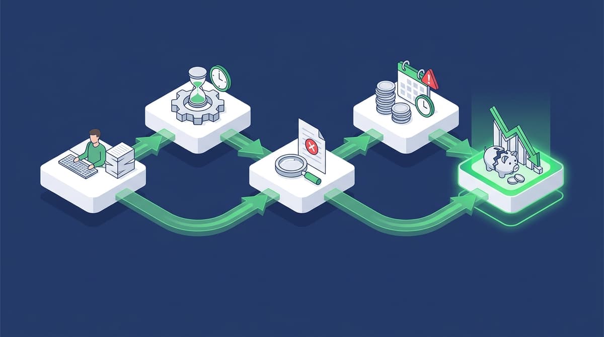 Manual invoice processing cost workflow for Australian small businesses showing five connected steps