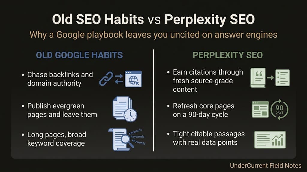 Comparison of traditional Google SEO habits versus Perplexity SEO for Australian service businesses