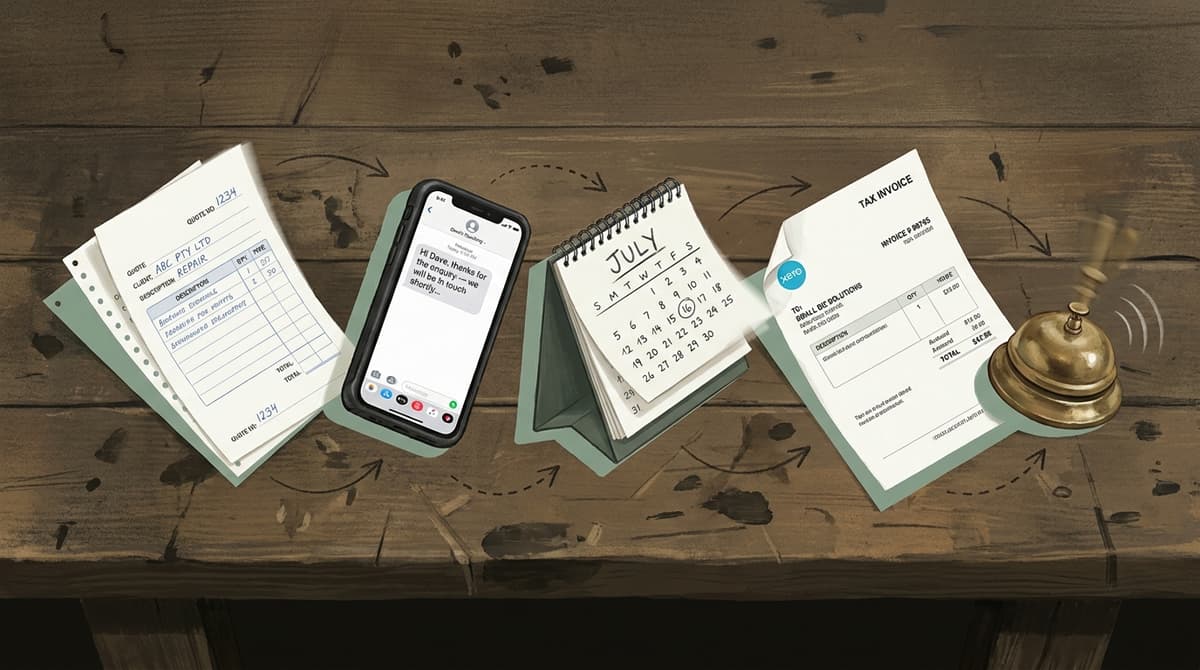 Top-down editorial illustration of a small-business desk with a quote slip, phone, calendar, invoice and a desk bell tipping over like dominoes, the workflow chain that finishes itself once it is automated.