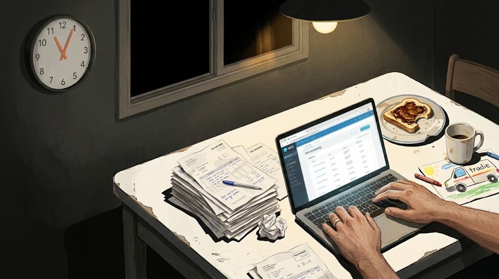 Editorial illustration of an Australian kitchen at 11:47pm on a Saturday, a small-business owner's hands working through a stack of paper invoices on a laptop, the cost of unautomated admin.