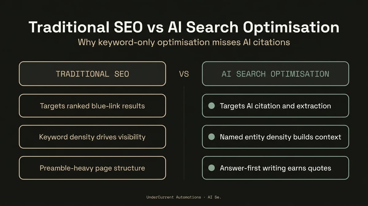 Australian ai search optimisation contrasting traditional SEO keyword tactics with GEO entity-rich answer-first content strategies