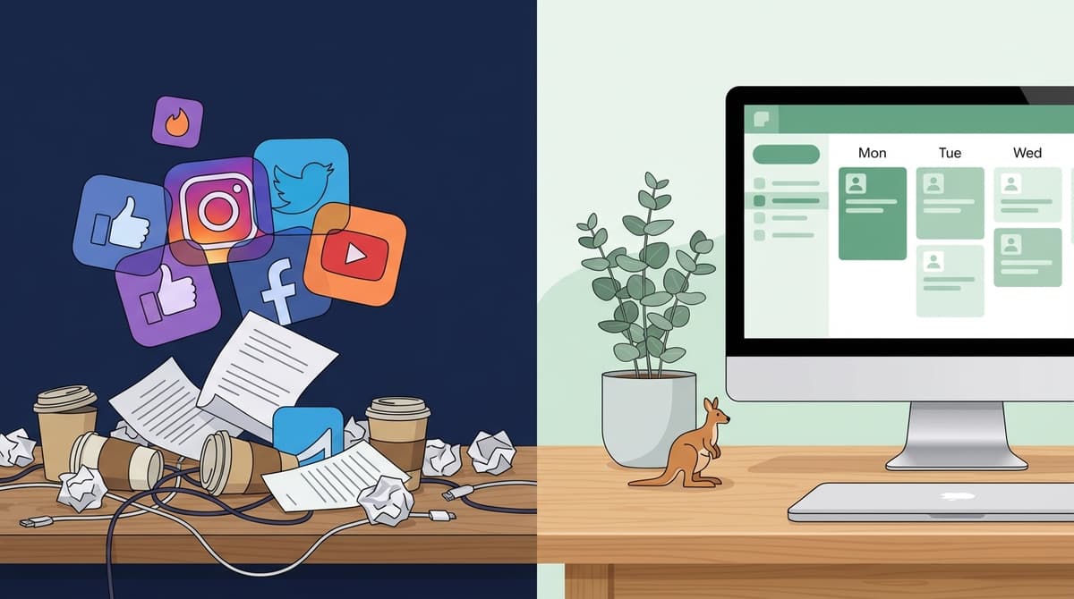 Organized scheduling workflow replacing chaotic social media management for Australian small business owners